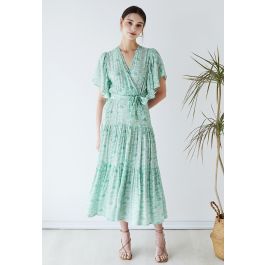 Greenery Flutter Sleeve Wrap Belted Dress - Retro, Indie and Unique Fashion