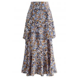 Floral Oil Painting Ruffle Maxi Skirt in Blue - Retro, Indie and Unique ...