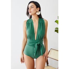 Lace-Up Deep V-Neck One-Piece Swimsuit in Green - Retro, Indie ...