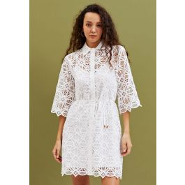 Delicate Cutwork Lace Button Down Dress in White - Retro, Indie