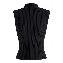 Mock Neck Sleeveless Rib Knit Top in Black - Retro, Indie and Unique ...