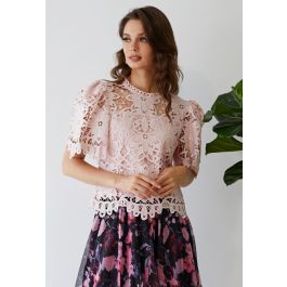 Flower Pattern Crochet Lace Flare Sleeves Top in Pink