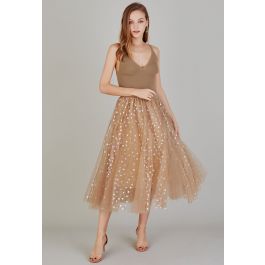 Iridescent Hearts Mesh Tulle Midi Skirt in Tan