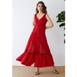 Crochet Trims Panelled Button Down Sleeveless Maxi Dress in Red - Retro ...