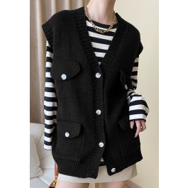 Flap Pocket Button Down Knit Vest in Black