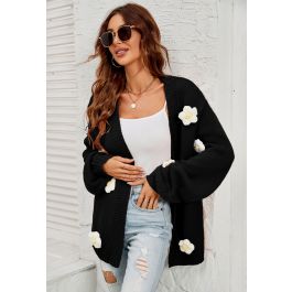 3D Stitch Flower Open Front Knit Cardigan in Black - Retro, Indie