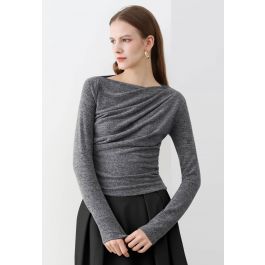 Ruched Front Long Sleeve Knit Top in Grey - Retro, Indie and Unique Fashion