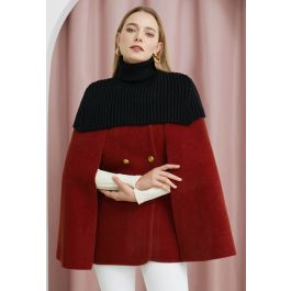 Turtleneck Double-Breasted Twinset Cape Coat in Red