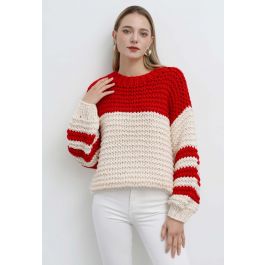 Two-Tone Striped Sleeves Chunky Hand Knit Sweater in Red 