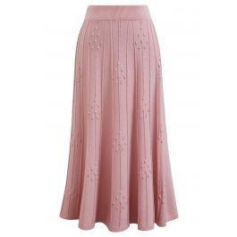 Embossed Dots Seam Knit Midi Skirt in Pink - Retro, Indie and