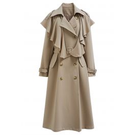 Ruffle Trimmed Belted Double-Breasted Trench Coat in Khaki - Retro ...