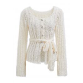 Self-Tie Waist Buttoned Knit Top in Cream - Retro, Indie and Unique Fashion