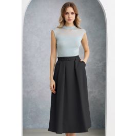 Side Pockets Pleated Belt Midi Skirt in Black - Retro, Indie and Unique ...