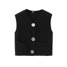 Bold Golden Buttons Patch Pocket Chunky Knit Vest in Black - Retro, Indie  and Unique Fashion