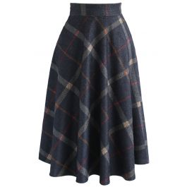 Step Nobly Wool-Blend A-Line Skirt in Navy Check - Retro, Indie and ...