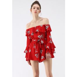 quiz red floral playsuit