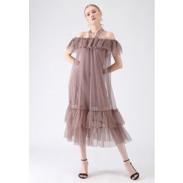 Dolly Coral Halter Off-Shoulder Mesh Dress - Retro, Indie and Unique ...