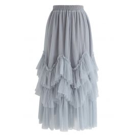 Romantic Twirl Tiered Tulle Midi Skirt in Dusty Blue - Retro, Indie and ...