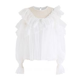 Angel Smile Cold-Shoulder Ruffle Mesh Top in White - Retro, Indie and ...