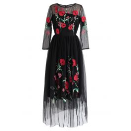 Floral Embroidered Double-Layered Mesh Dress in Black - Retro, Indie ...