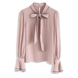 Bowknot Bell Sleeves Chiffon Top in Pink - Retro, Indie and Unique Fashion