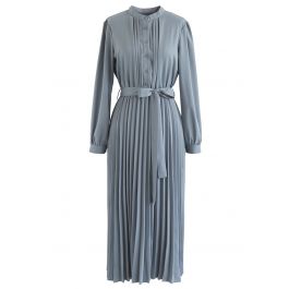 Self-Tied Bowknot Pleated Midi Dress in Dusty Blue - Retro, Indie and ...