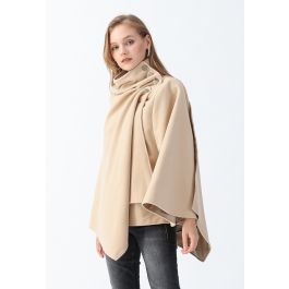 Asymmetric Hem Button Wrap Cape Coat in Light Tan