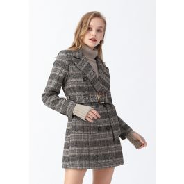 Plaid Double-Breasted Wool-Blend Coat in Brown - Retro, Indie and ...