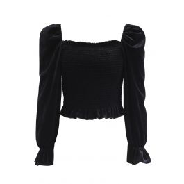 Square Neck Shirred Velvet Crop Top in Black - Retro, Indie and Unique ...