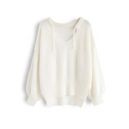 Drawstring V-Neck Oversized Fluffy Sweater in White - Retro, Indie and ...