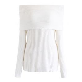 Off-Shoulder Ribbed Knit Sweater in White - Retro, Indie and Unique Fashion