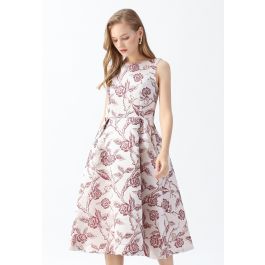 Rose Jacquard Sleeveless Midi Dress - Retro, Indie and Unique Fashion