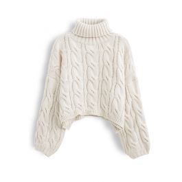 Turtleneck Braid Knit Crop Sweater in Sand - Retro, Indie and Unique ...