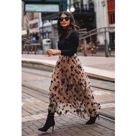 3D Posy Double-Layered Mesh Midi Skirt in Caramel - Retro, Indie and Unique  Fashion