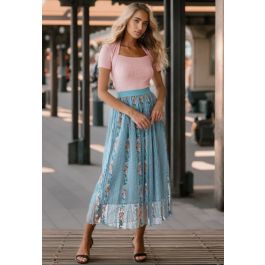 Flower Chain Embroidered Mesh Skirt in Dusty Blue