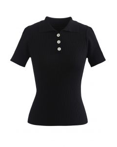 Triple Buttons Short Sleeve Fitted Knit Top in Black - Retro, Indie and ...