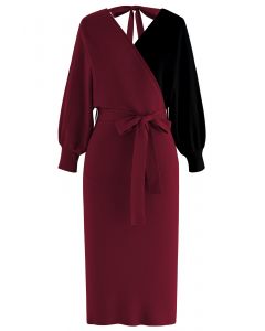 Tie Bow Two-Tone Knit Wrap Midi Dress in Burgundy