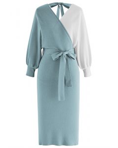 Tie Bow Two-Tone Knit Wrap Midi Dress in Teal