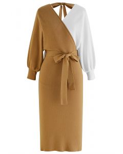 Tie Bow Two-Tone Knit Wrap Midi Dress in Caramel