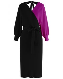 Tie Bow Two-Tone Knit Wrap Midi Dress in Black