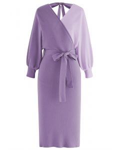 Tie Bow Two-Tone Knit Wrap Midi Dress in Lilac