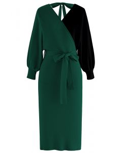 Tie Bow Two-Tone Knit Wrap Midi Dress in Dark Green