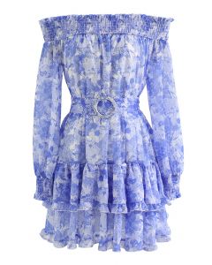 Off-Shoulder Floral Chiffon Mini Dress in Blue