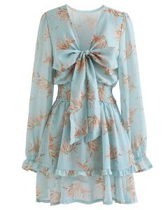 Tie-Knot Front Floral Chiffon Mini Dress in Teal