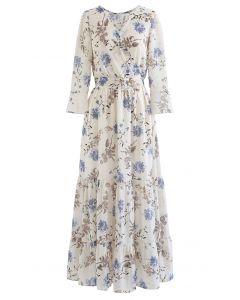 Flounced Cuffs Blue Floral Chiffon Wrap Dress