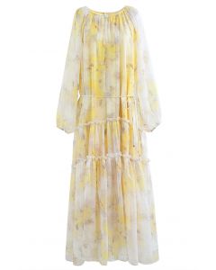 Hazy Floral Ruffle Trim Chiffon Maxi Dress in Yellow