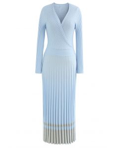 Soft Knit Contrast Hem Wrap Midi Dress in Baby Blue