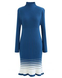 Contrast Hem Mock Neck Knit Dress in Indigo