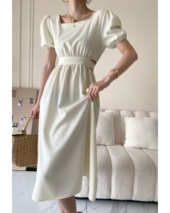 Square Neck Cutout Waist Bowknot Dress in Ivory