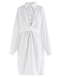 Twisted Waist Buttoned Shirt Dress in White